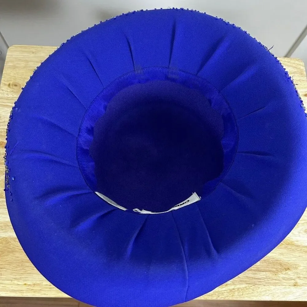 ML Studio Royal Blue Wool Felt Church Hat Beaded Feather Accent Dress Derby Hat